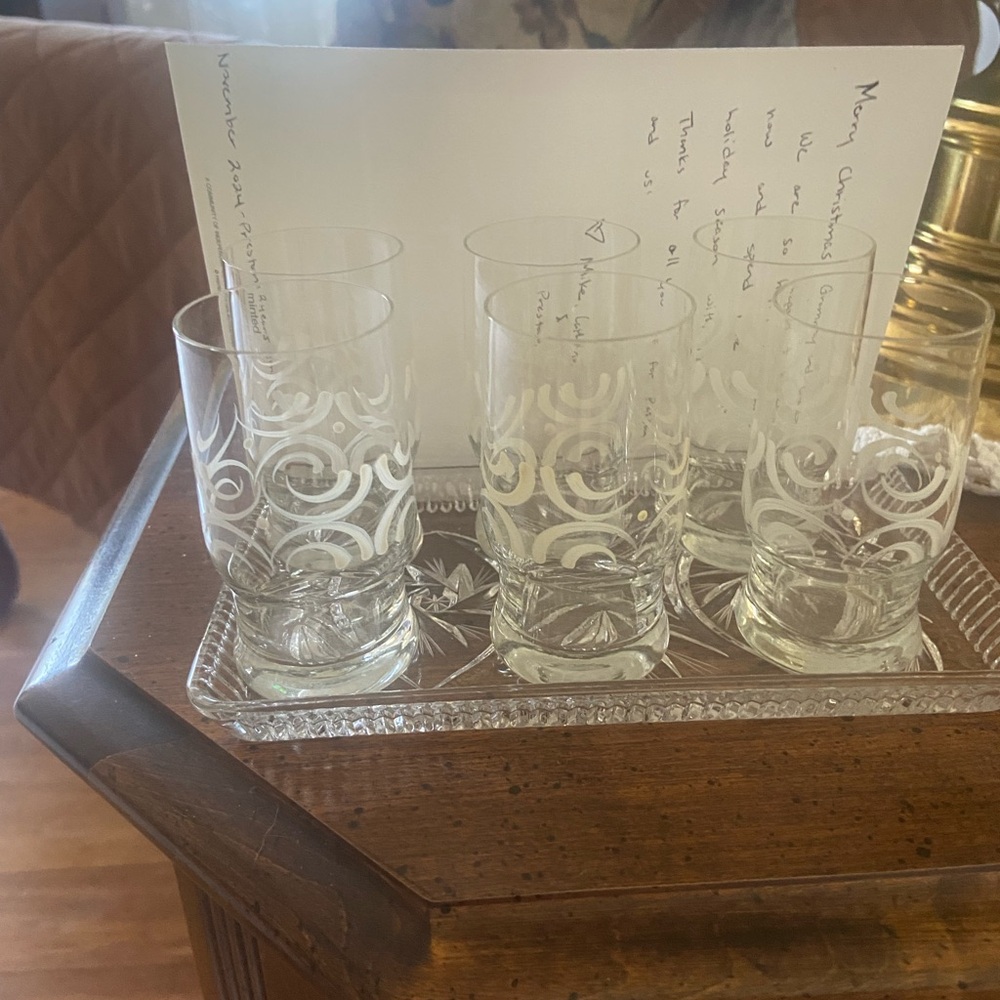 Set of 7 Clear Swirl Pattern crystal Glasses with tray from Germany. 1982